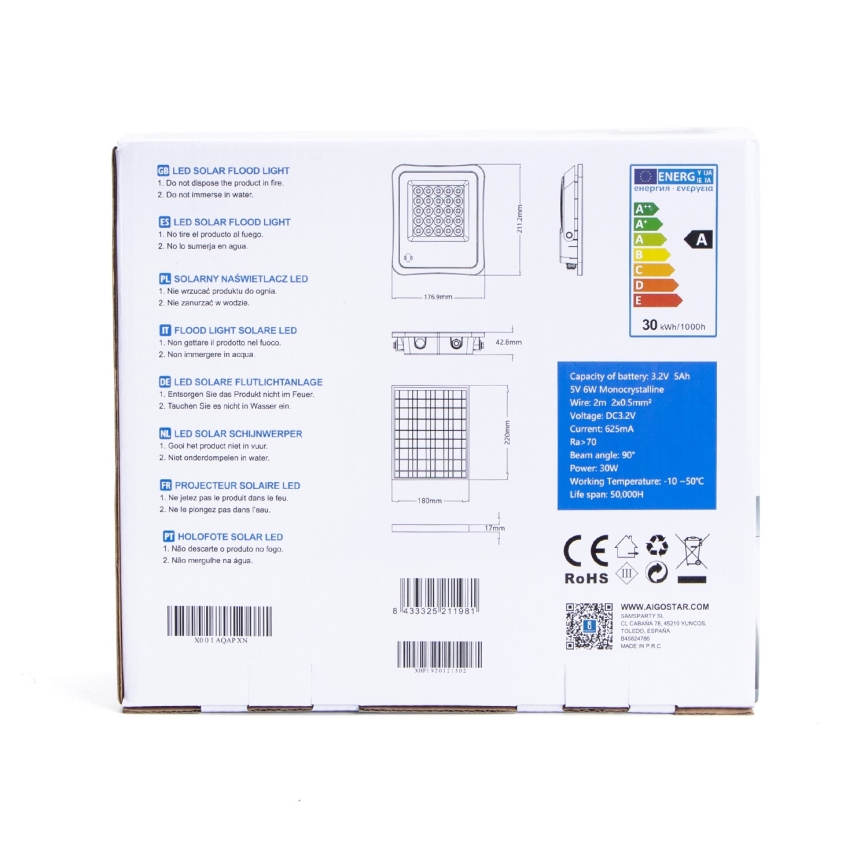 Aigostar - LED Димируем соларен прожектор LED/30W/3,2V 20000 mAh IP67 + д.у.