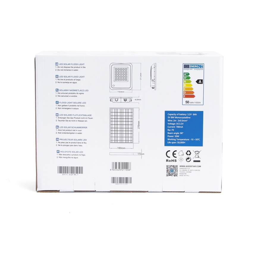 Aigostar - LED Димируем соларен прожектор LED/50W/3,2V IP65 6000 mAh + д.у.