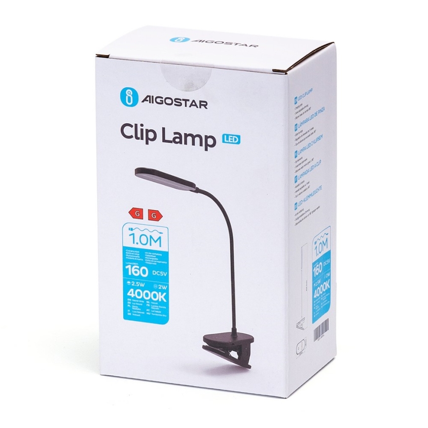 Aigostar - LED Димируема акумулаторна настолна лампа с щипка LED/2,5W/5V черен