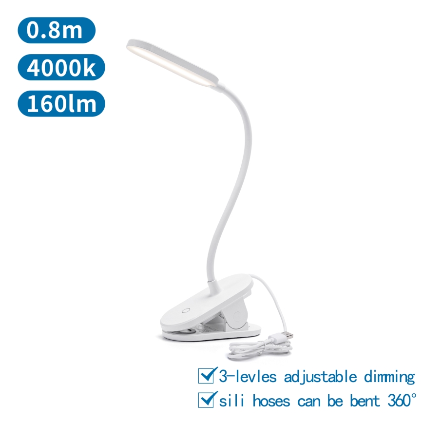 Aigostar - LED Димируема настолна лампа с щипка LED/2,5W/5V бял