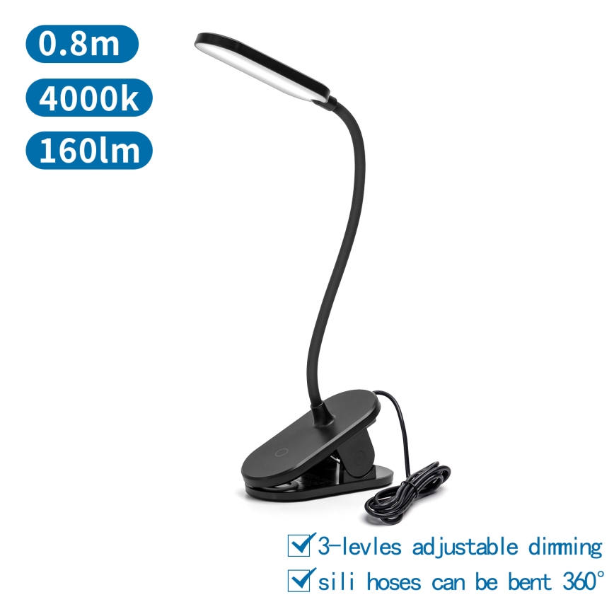 Aigostar - LED Димируема настолна лампа с щипка LED/2,5W/5V черен