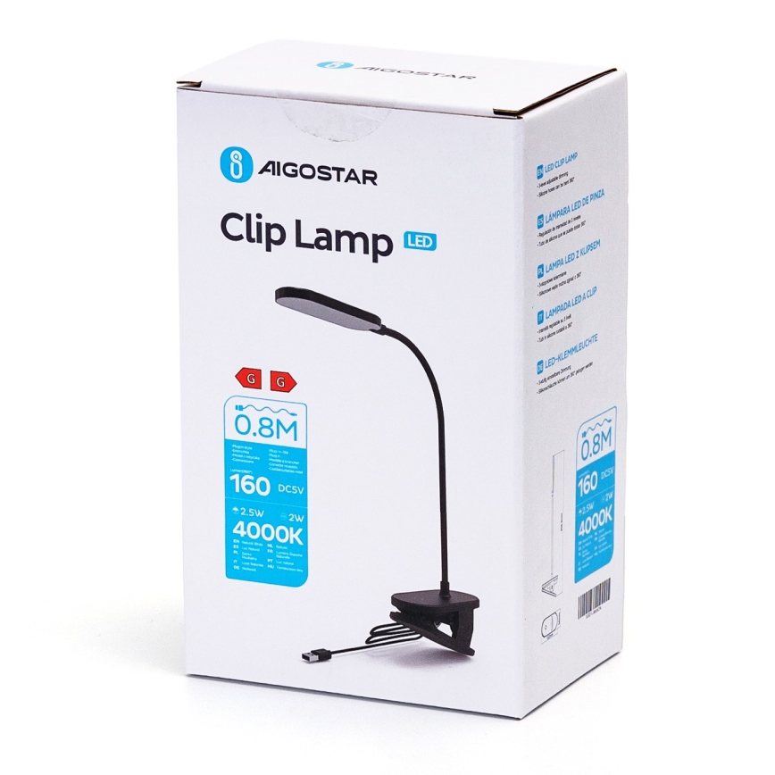 Aigostar - LED Димируема настолна лампа с щипка LED/2,5W/5V черен