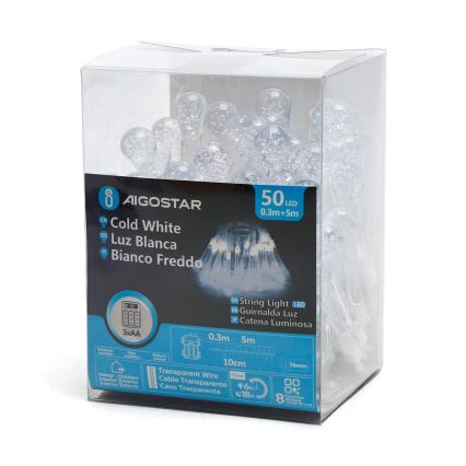 Aigostar - LED Екстериорни декоративни лампички 50xLED/8 функции/3xAA 5,3m IP44 студено бяло