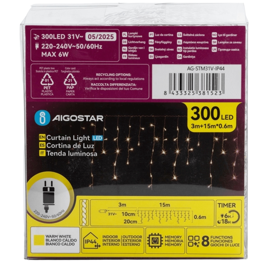 Aigostar - LED Екстериорни декоративни лампички 75xLED/6W/230V 15x0,6m IP44 топло бяло