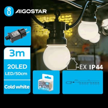 Aigostar - LED Екстериорни декоративни лампички 20xLED/3m IP44 студено бял