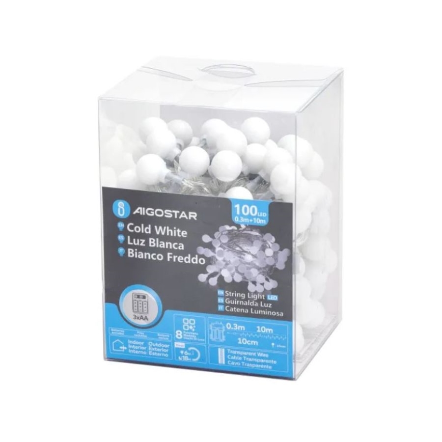 Aigostar - LED Екстериорни Коледни лампички 100xLED/3xAA/8 функции 10,3 м IP44 студено бял