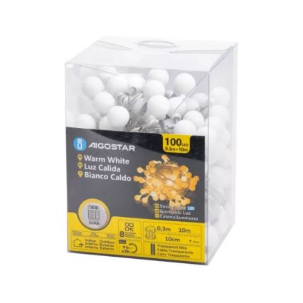 Aigostar - LED Екстериорни коледни лампички 100xLED/3xAA/8 функции 10,3 м IP44 топло бял