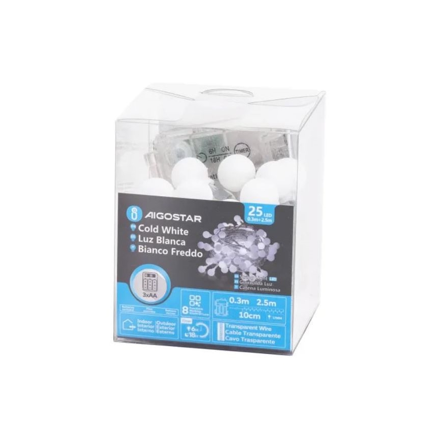 Aigostar - LED Екстериорни коледни лампички 25xLED/3xAA/8 функции 2,8 м IP44 студено бял
