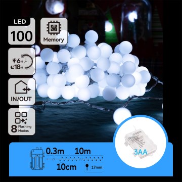 Aigostar - LED Екстериорни Коледни лампички 100xLED/3xAA/8 функции 10,3 м IP44 студено бял
