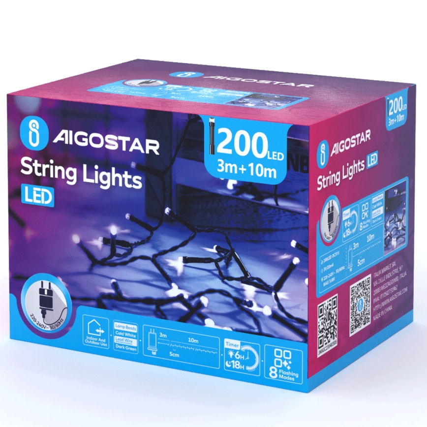 Aigostar - LED Екстериорни коледни лампички 200xLED/8 функции 13 м IP44 студено бял