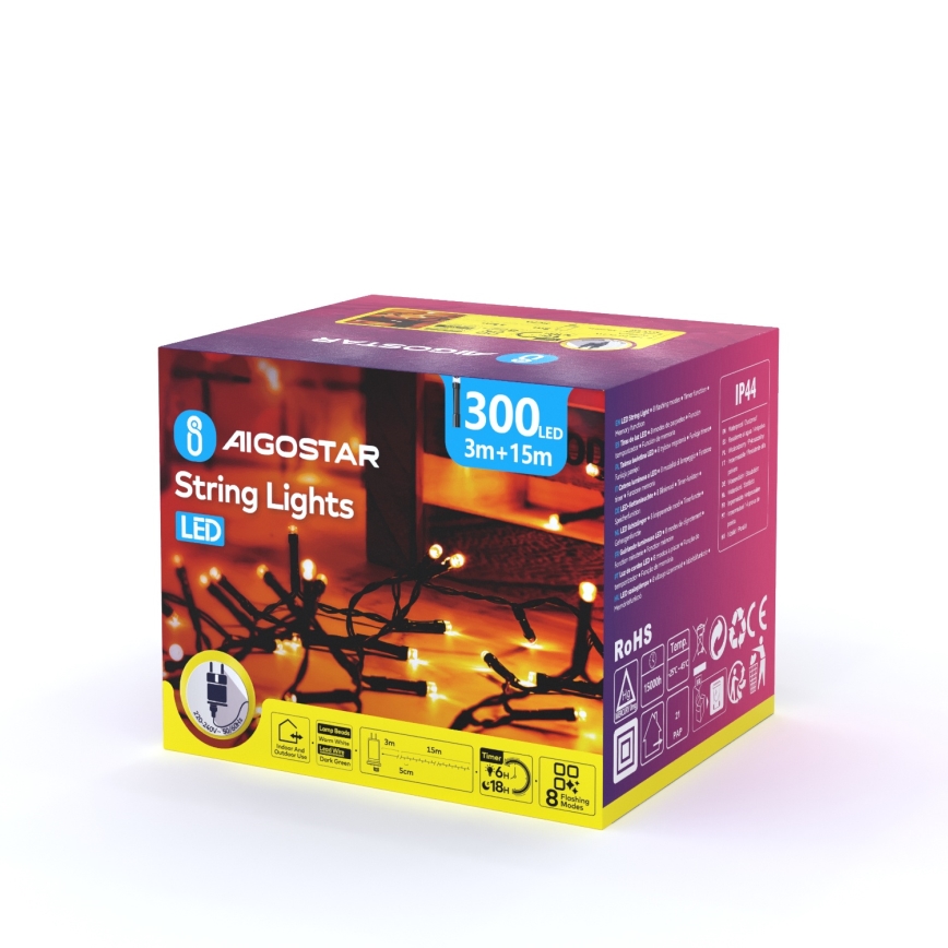 Aigostar - LED Екстериорни коледни лампички 300xLED/8 функции 18 м IP44 топло бял