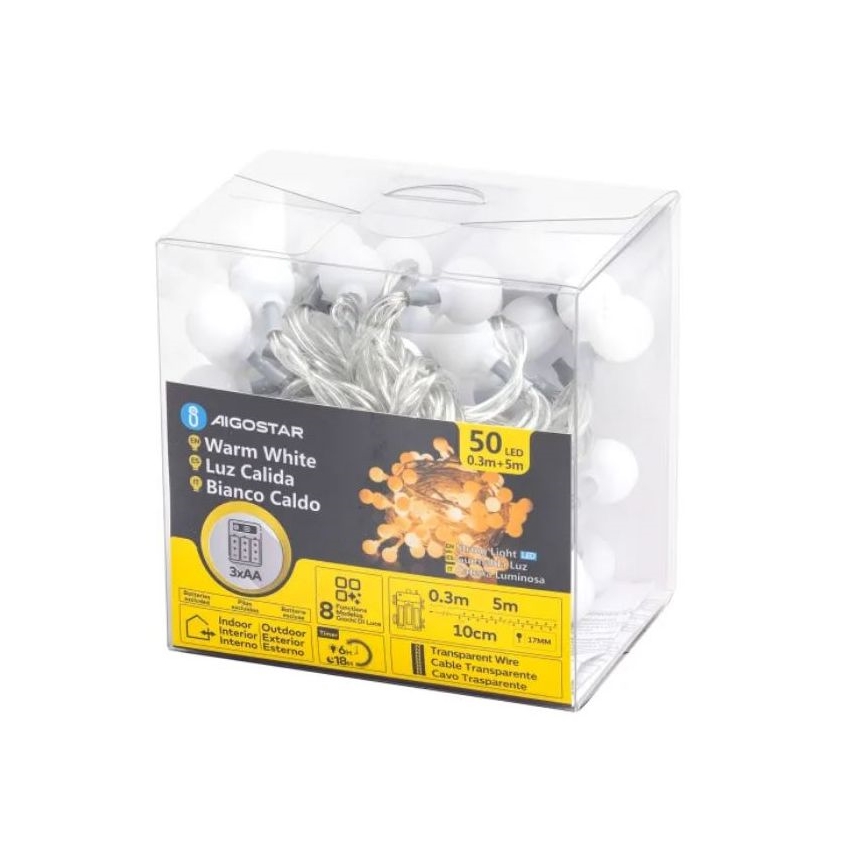 Aigostar - LED Екстериорни Коледни лампички 50xLED/3xAA/8 функции 5,3 м IP44 топло бял