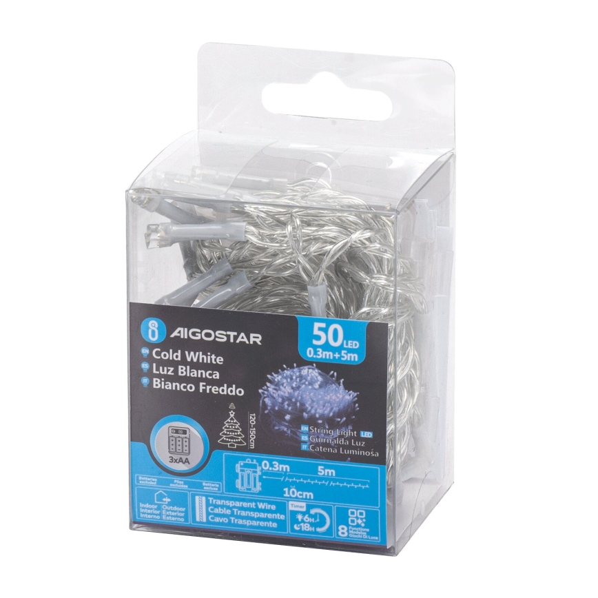 Aigostar -LED Екстериорни Коледни лампички 50xLED/8 функции 3xAA 5,3 м IP44 студено бял