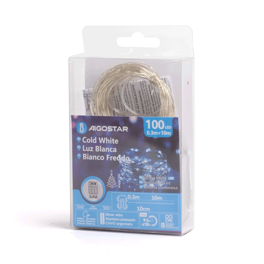 Aigostar - LED Екстериорни Коледни лампички 100xLED/8 функции/3xAA 10,3m IP44 студено бяло