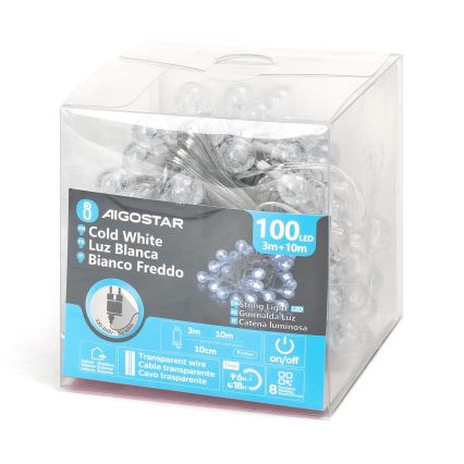 Aigostar - LED Екстериорни Коледни лампички 100xLED/8 функции 13m IP44 студено бял