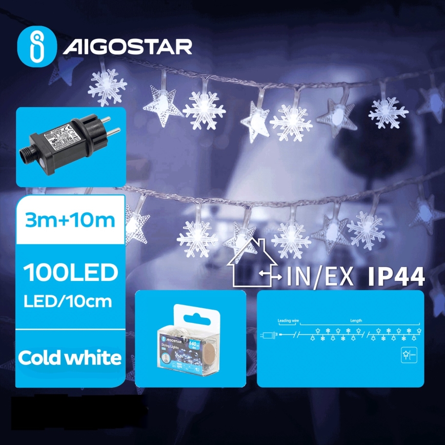 Aigostar - LED Екстериорни Коледни лампички 100xLED/8 функции 13m IP44 студено бял