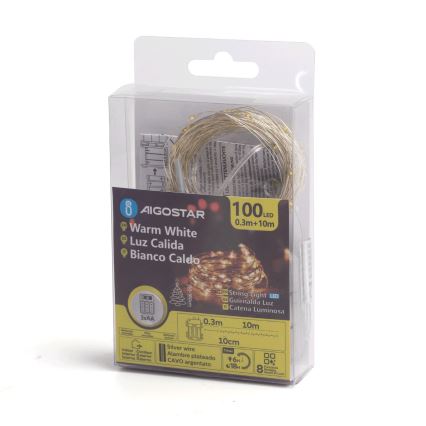Aigostar -LED Екстериорни Коледни лампички 100xLED/8 функции 3xAA 10,3 м IP44 топло бял