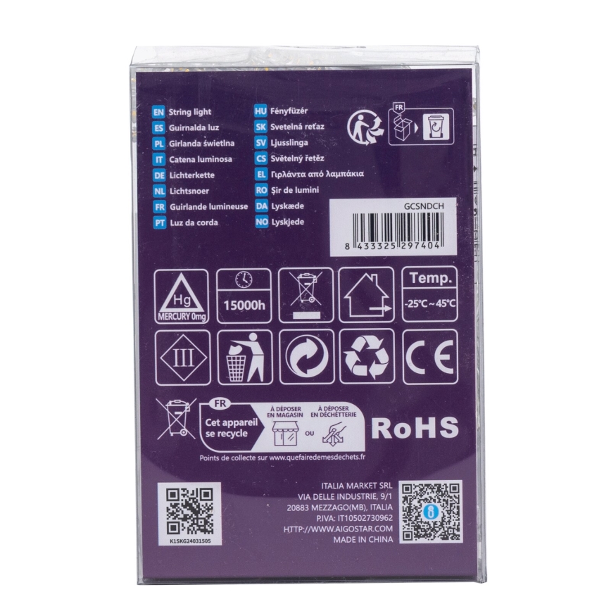 Aigostar -LED Екстериорни Коледни лампички 100xLED/8 функции 3xAA 10,3 м IP44 топло бял