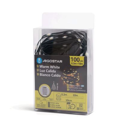 Aigostar - LED Екстериорни Коледни лампички 100xLED/8 функции 3xAA 10,3m IP44 топло бял