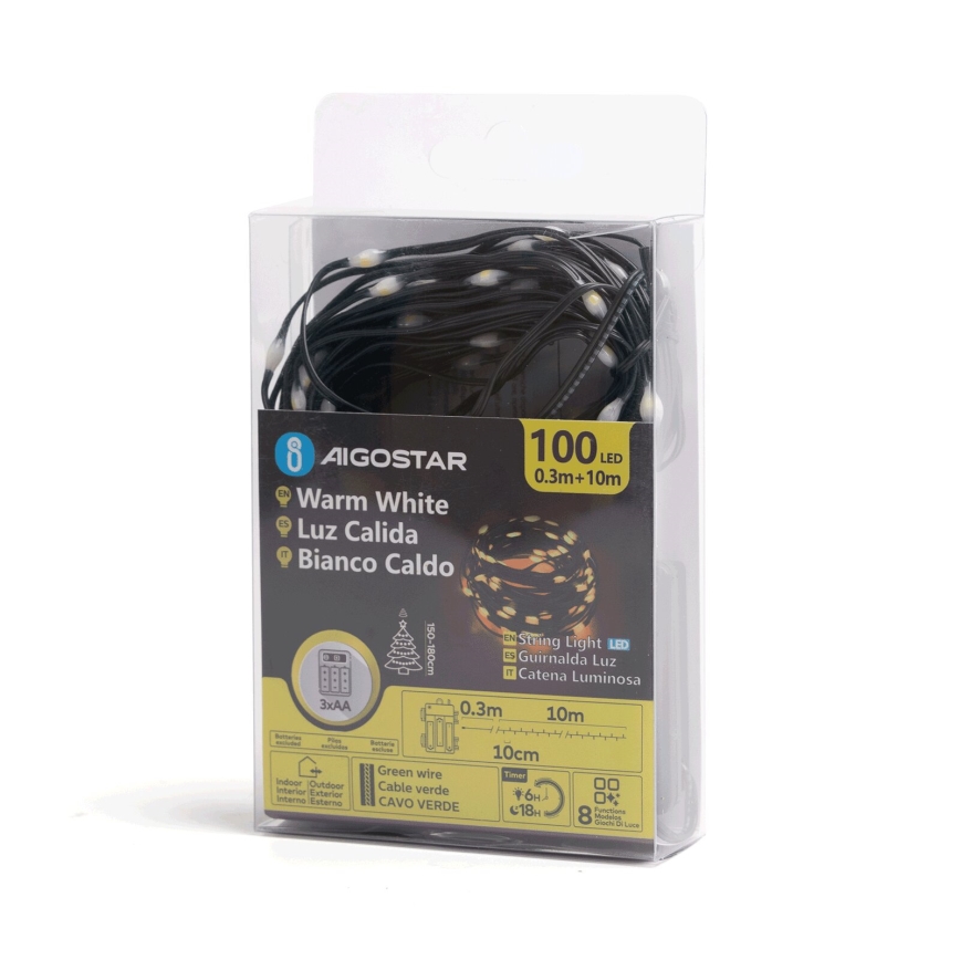 Aigostar - LED Екстериорни Коледни лампички 100xLED/8 функции 3xAA 10,3m IP44 топло бял