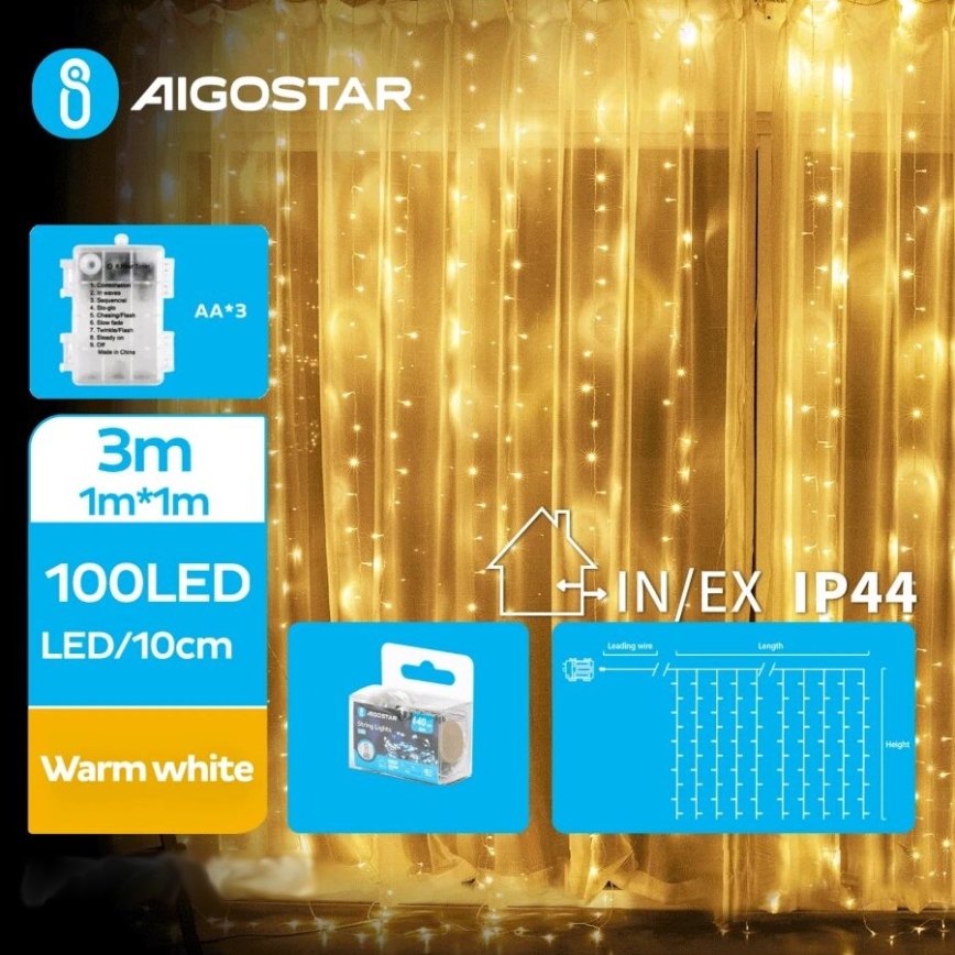 Aigostar - LED Екстериорни коледни лампички 100xLED/8 функции 3xAA 4x1 м IP44 топло бял