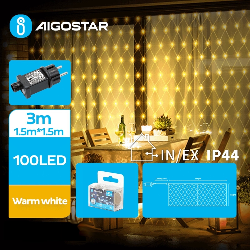 Aigostar - LED Екстериорни Коледни лампички 100xLED/8 функции 4,5x1,5m IP44 топло бял