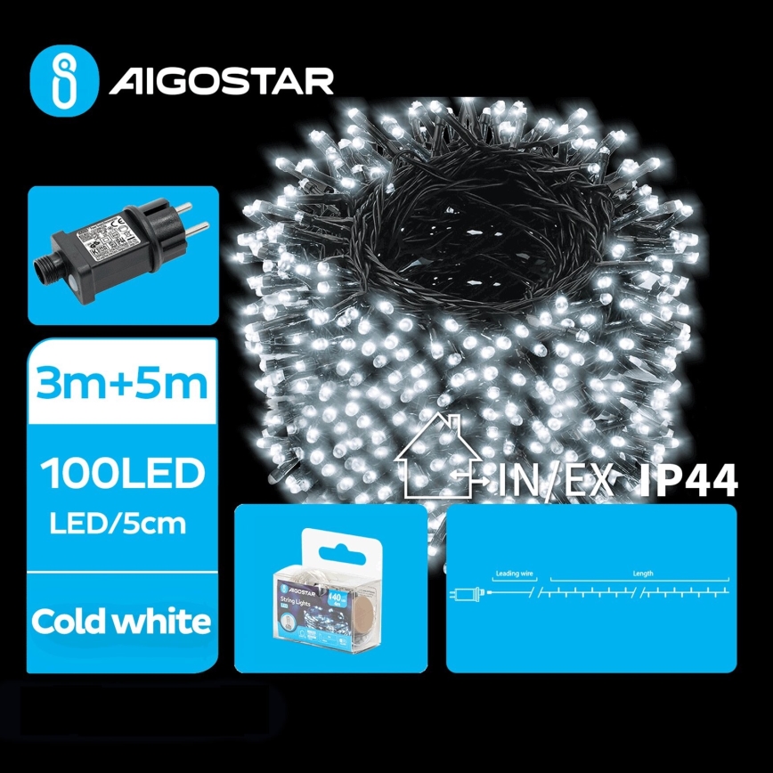 Aigostar - LED Екстериорни Коледни лампички 100xLED/8 функции 8m IP44 студено бял