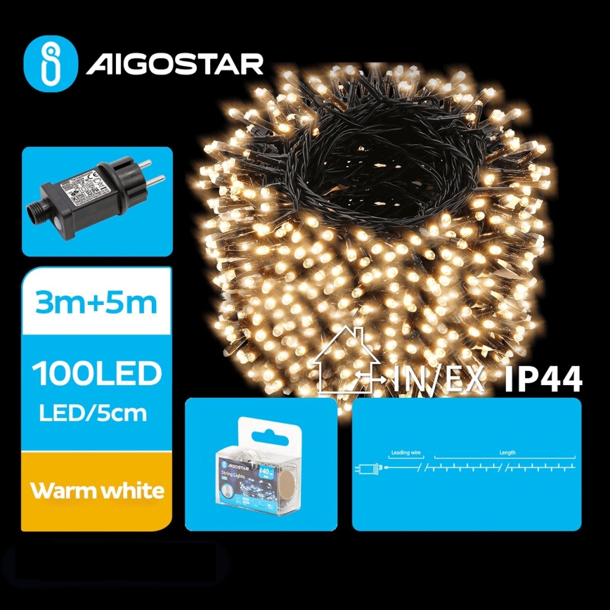 Aigostar - LED Екстериорни Коледни лампички 100xLED/8 функции 8m IP44 топло бял