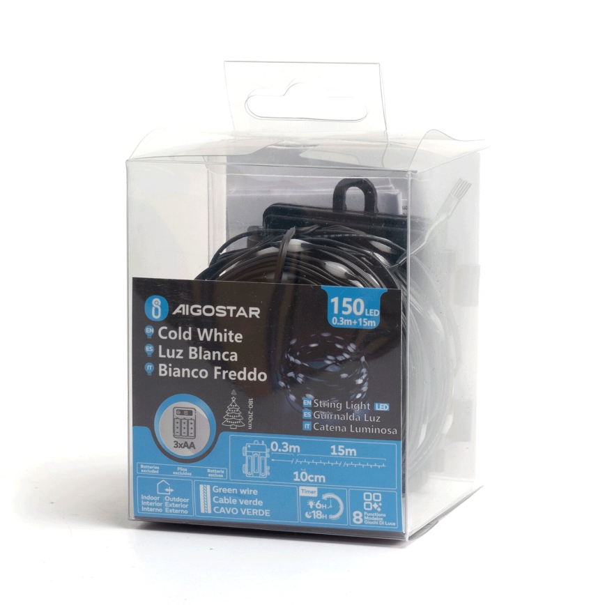 Aigostar - LED Екстериорни коледни лампички 150xLED/8 функции 15,3 м IP44 студено бял