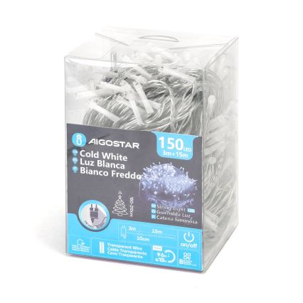 Aigostar - LED Екстериорни Коледни лампички 150xLED/8 функции 18m IP44 студено бял