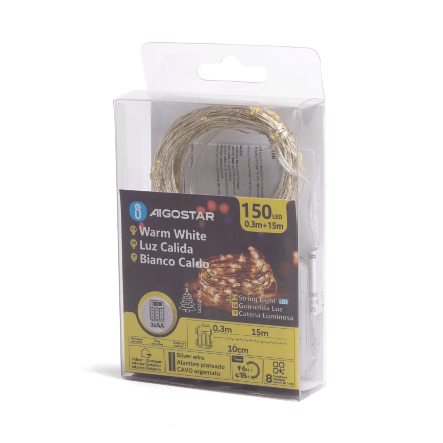 Aigostar -LED Екстериорни Коледни лампички 150xLED/8 функции 3xAA 15,3 м IP44 топло бял