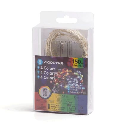 Aigostar - LED Екстериорни Коледни лампички 150xLED/8 функции/3xAA 15,3m IP44 многоцветен