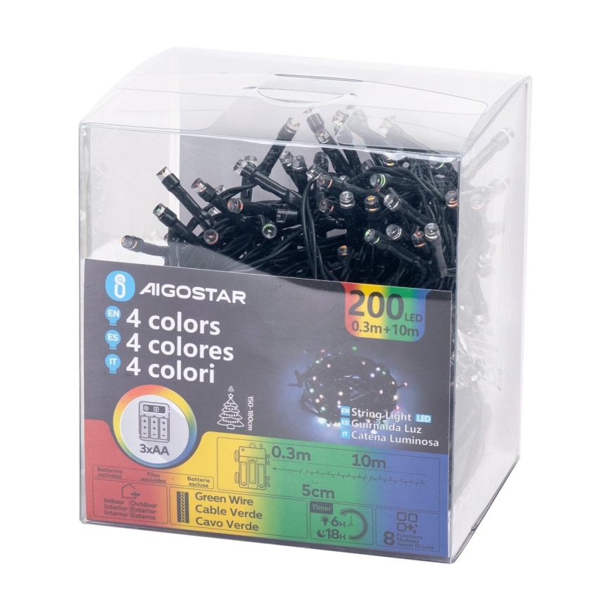 Aigostar -LED Екстериорни Коледни лампички 200xLED/8 функции 3xAA 10,3 м IP44 многоцветен