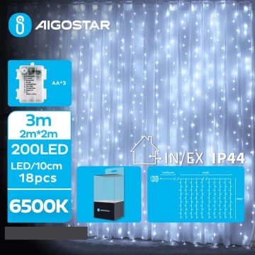 Aigostar - LED Екстериорни Коледни лампички 200xLED/8 функции 3xAA 5x2 м IP44 студено бял
