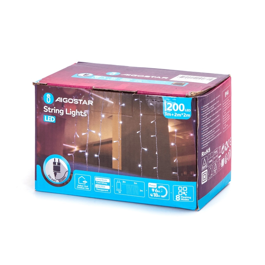 Aigostar - LED Екстериорни коледни лампички 200xLED/8 функции 5x2 м IP44 студено бял