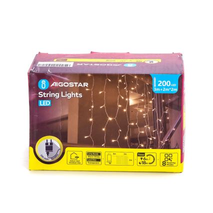 Aigostar - LED Екстериорни коледни лампички 200xLED/8 функции 5x2 м IP44 топло бял