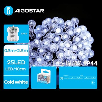 Aigostar - LED Екстериорни Коледни лампички 25xLED/3xAA/8 функции 2,8 м IP44 студено бял