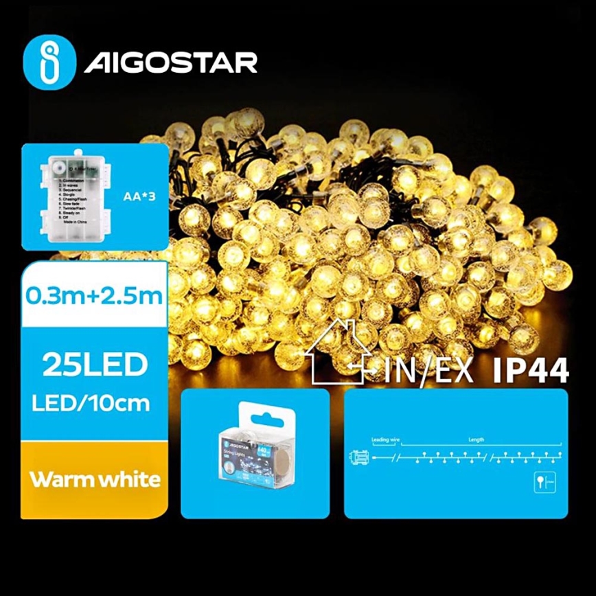Aigostar - LED Екстериорни коледни лампички 25xLED/3xAA/8 функции 2,8 м IP44 топло бял
