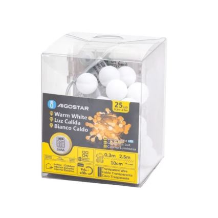 Aigostar-LED Екстериорни Коледни лампички 25xLED/3xAA/8 функции 2,8 м IP44 топло бял