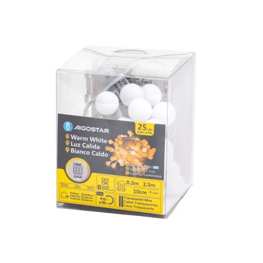 Aigostar-LED Екстериорни Коледни лампички 25xLED/3xAA/8 функции 2,8 м IP44 топло бял