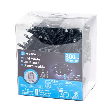 Aigostar - LED Екстериорни коледни лампички 300xLED/8 функции 15,3 м IP44 студено бял