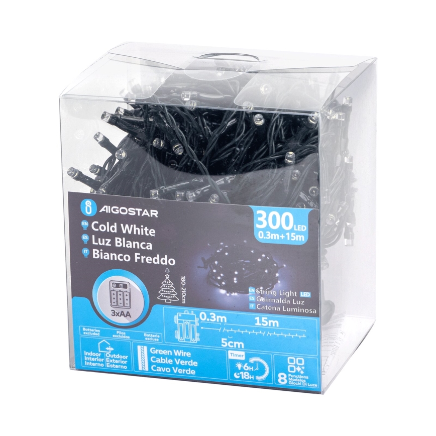 Aigostar - LED Екстериорни коледни лампички 300xLED/8 функции 15,3 м IP44 студено бял