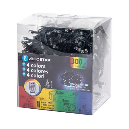 Aigostar -LED Екстериорни Коледни лампички 300xLED/8 функции 3xAA 15,3 м IP44 многоцветен