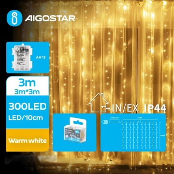 Aigostar - LED Екстериорни Коледни лампички 300xLED/8 функции 3xAA 6x2 м IP44 топло бял