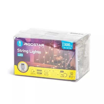 Aigostar - LED Екстериорни Коледни лампички 300xLED/8 функции 3xAA 6x2 м IP44 топло бял