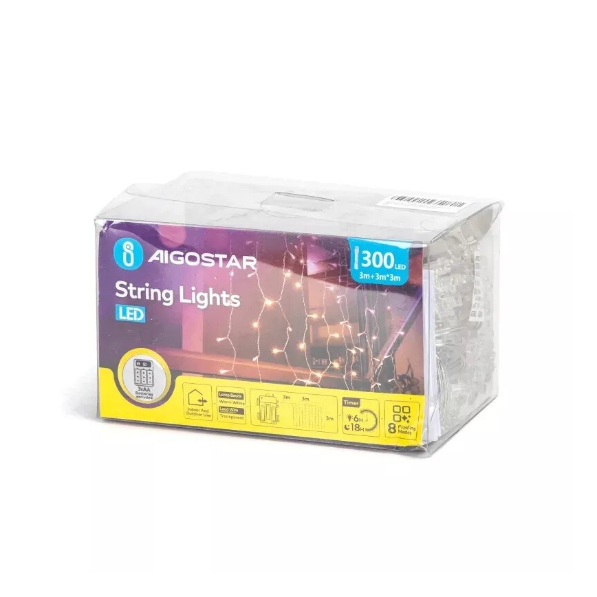 Aigostar - LED Екстериорни Коледни лампички 300xLED/8 функции 3xAA 6x2 м IP44 топло бял