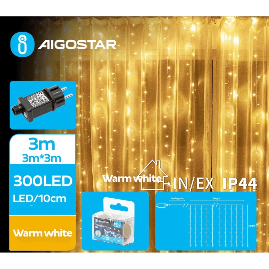 Aigostar - LED Екстериорни Коледни лампички 300xLED/8 функции 6x3m IP44 топло бял