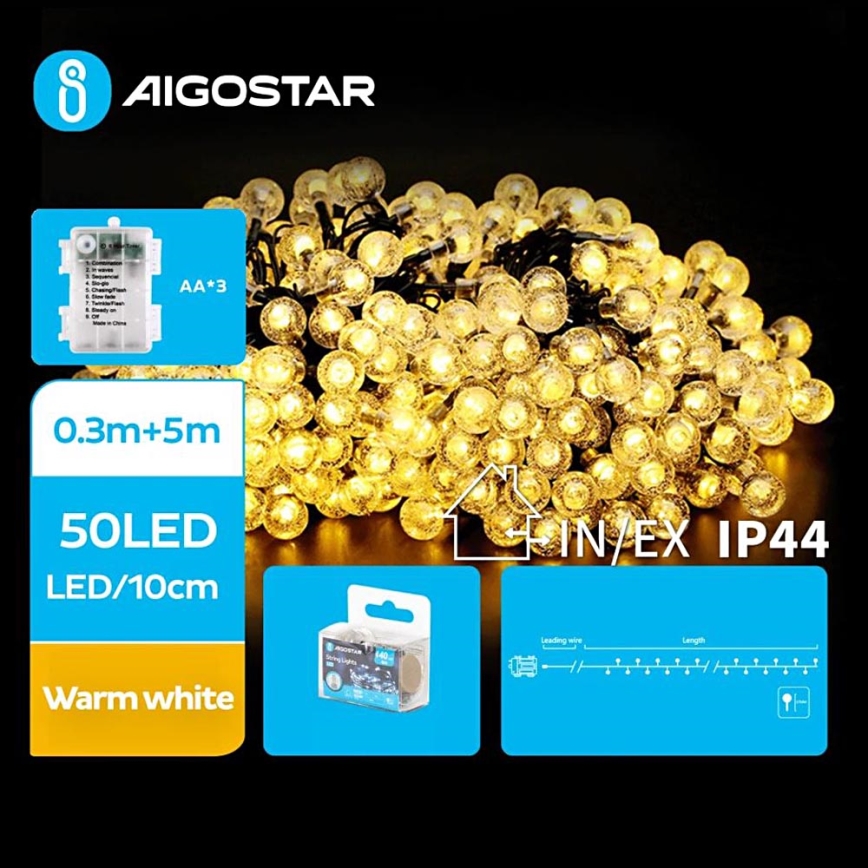 Aigostar - LED Екстериорни коледни лампички 50xLED/3xAA/8 функции 5,3 м IP44 топло бял