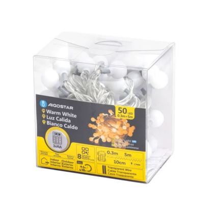 Aigostar - LED Екстериорни Коледни лампички 50xLED/3xAA/8 функции 5,3 м IP44 топло бял