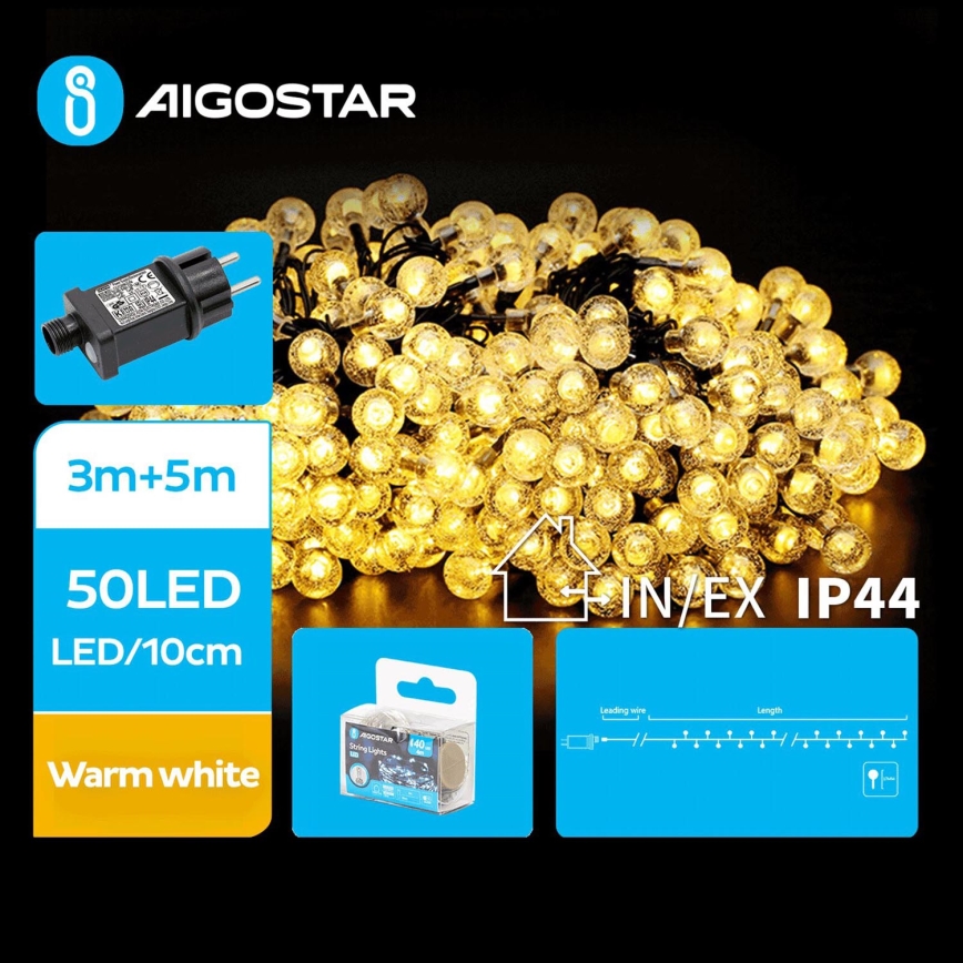 Aigostar - LED Екстериорни Коледни лампички 50xLED/8 функции 8m IP44 топло бял